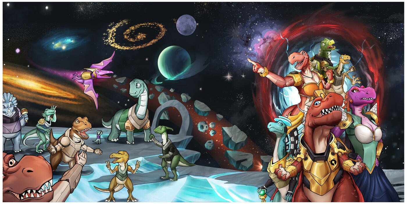 Gods and dinosaurs gathered on a crystal platform among planets