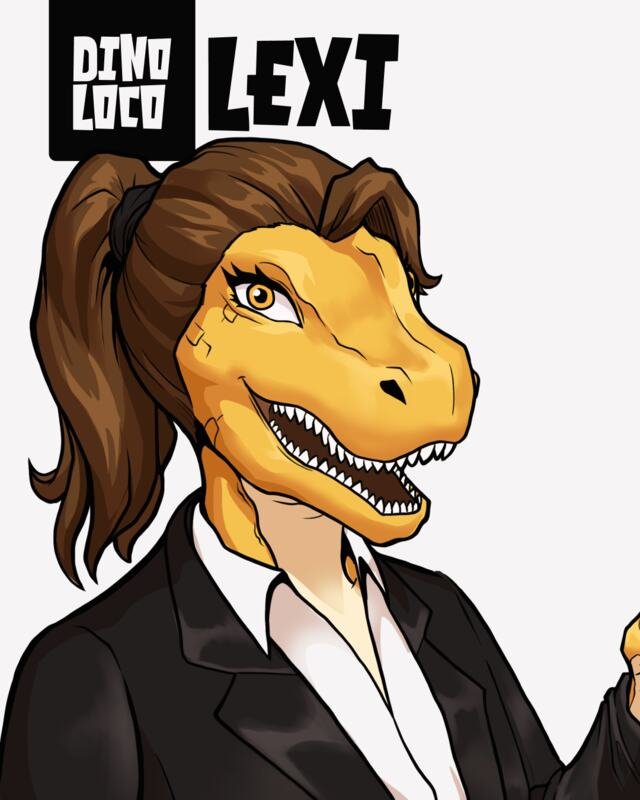 Lexi, a young T-Rex lawyer in a black suit