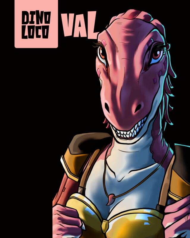 Val, a young pink T-Rex princess in golden armour