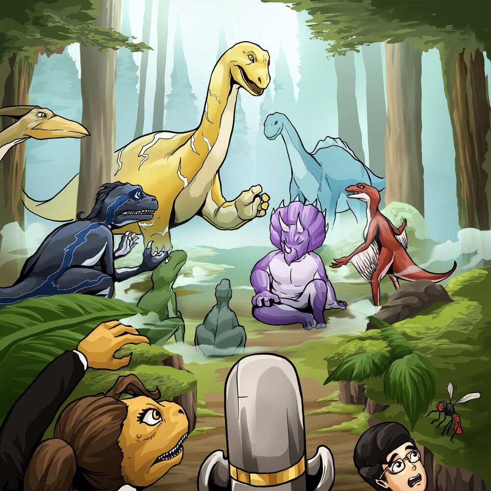 Early dinosaurs gathered in a prehistoric forest clearing