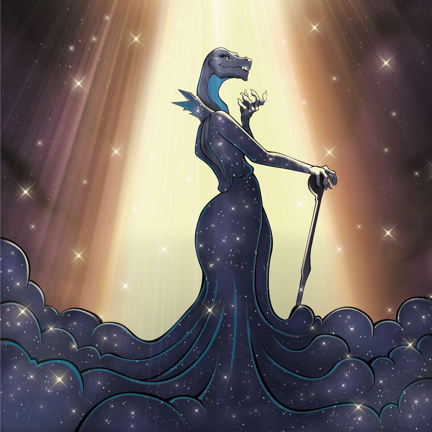 The Devourer of Worlds, a figure made of night sky, standing in a beam of light