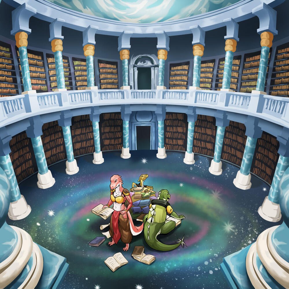 Val surrounded by books in a vast circular library