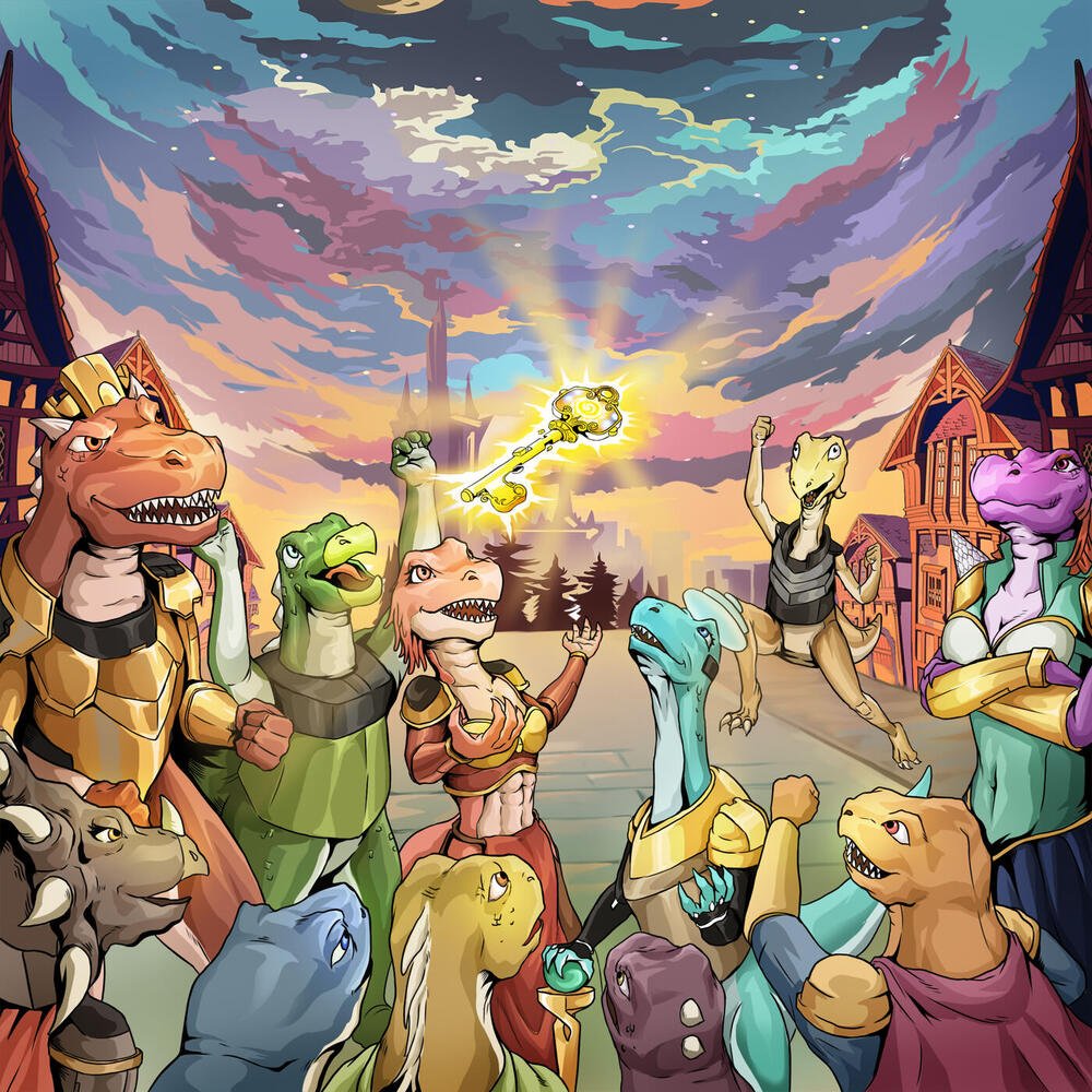 Dinosaur gods celebrating under a painted sky