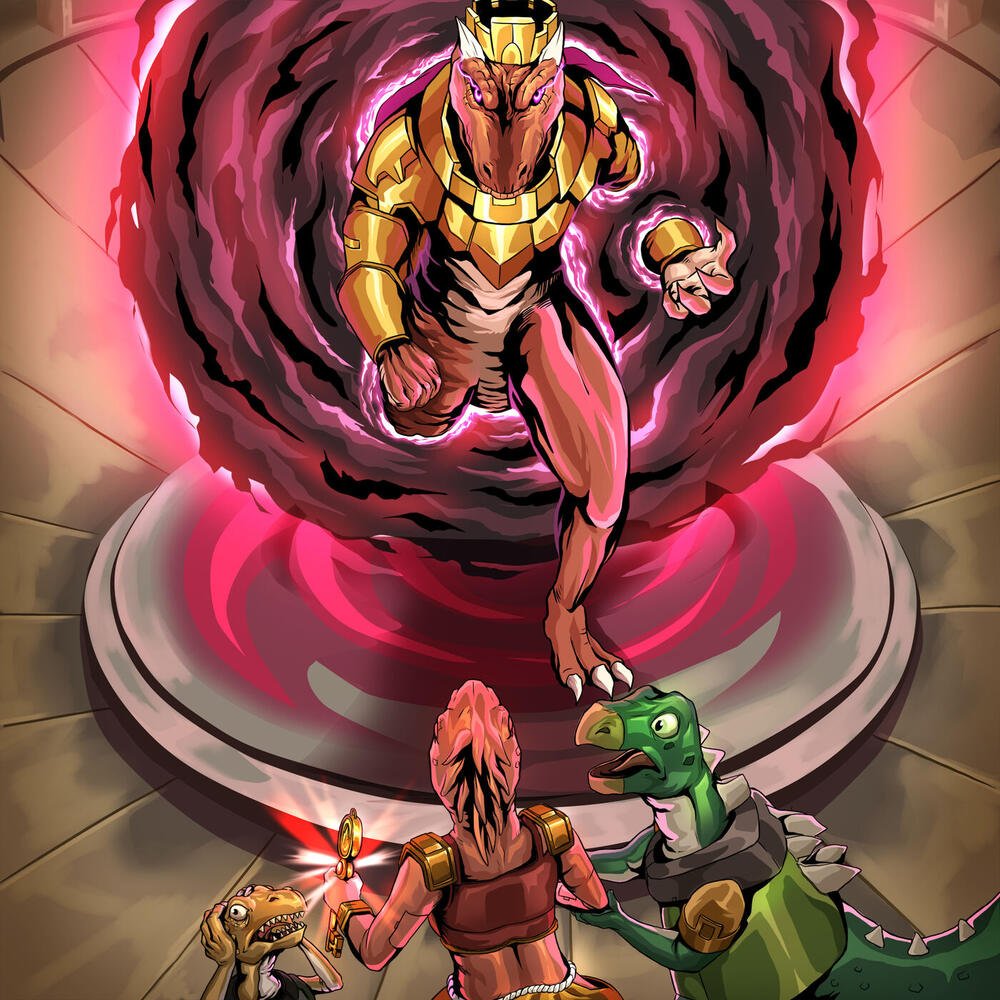 A golden-armoured king stepping out of a red vortex