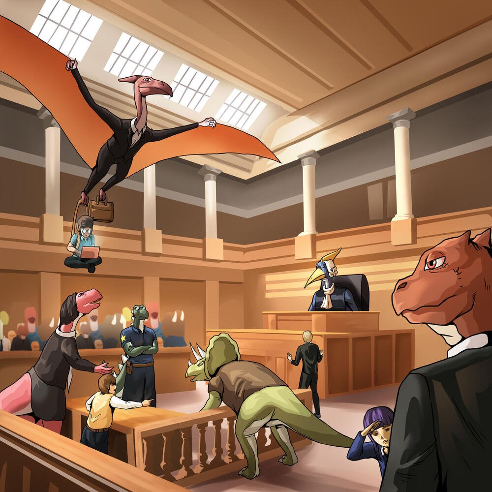 A grand courtroom where a Pteranodon judge presides over dinosaurs and humans