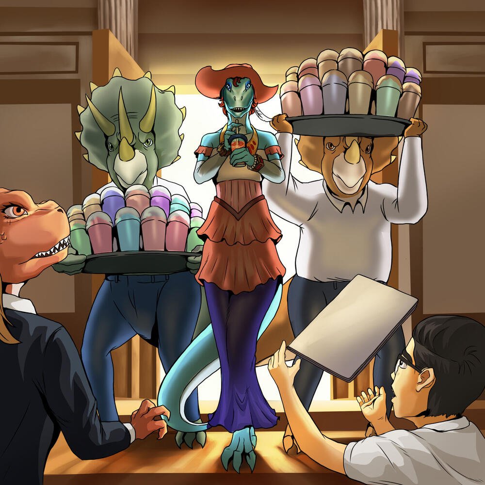 Princess Tiarasaurus offering a tray of smoothies