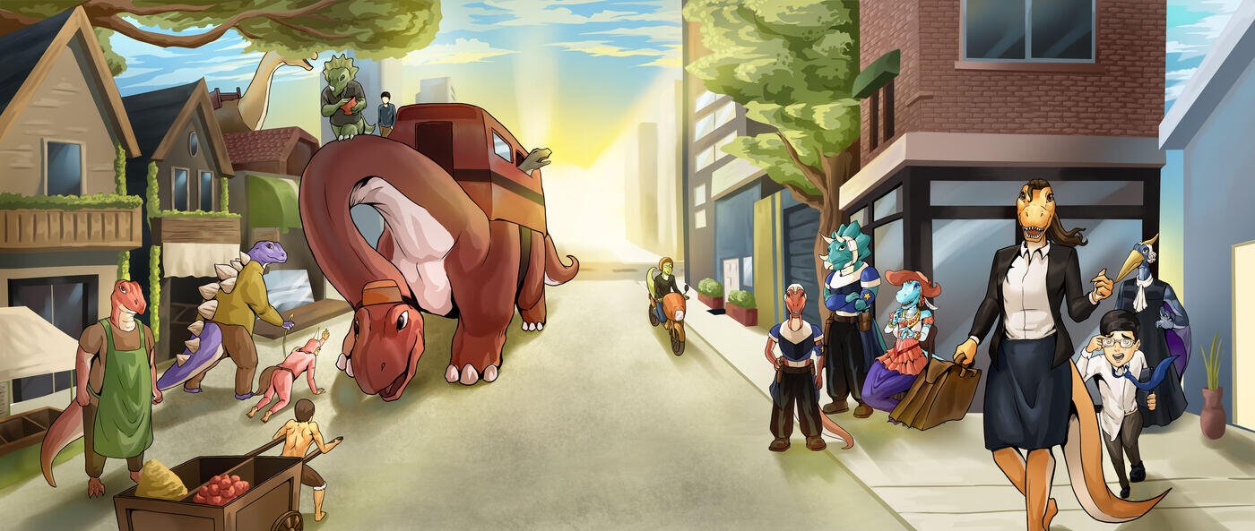 A busy Dinotopia street where dinosaurs walk humans on leads past shopfronts
