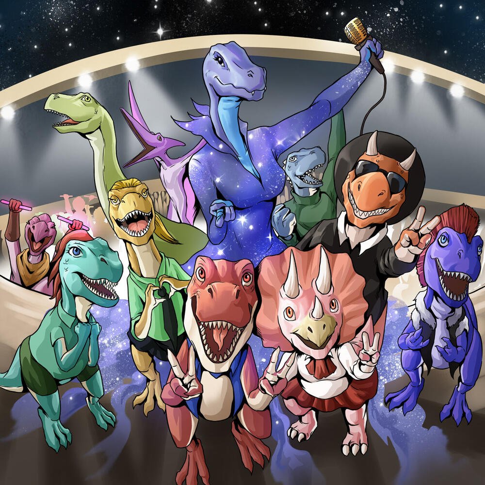 A cosmic pop star on stage before a crowd of dinosaurs